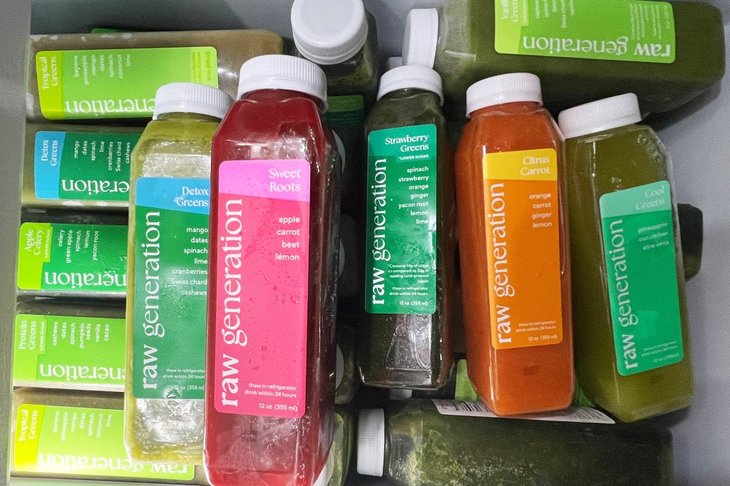 An array of juices in a freezer